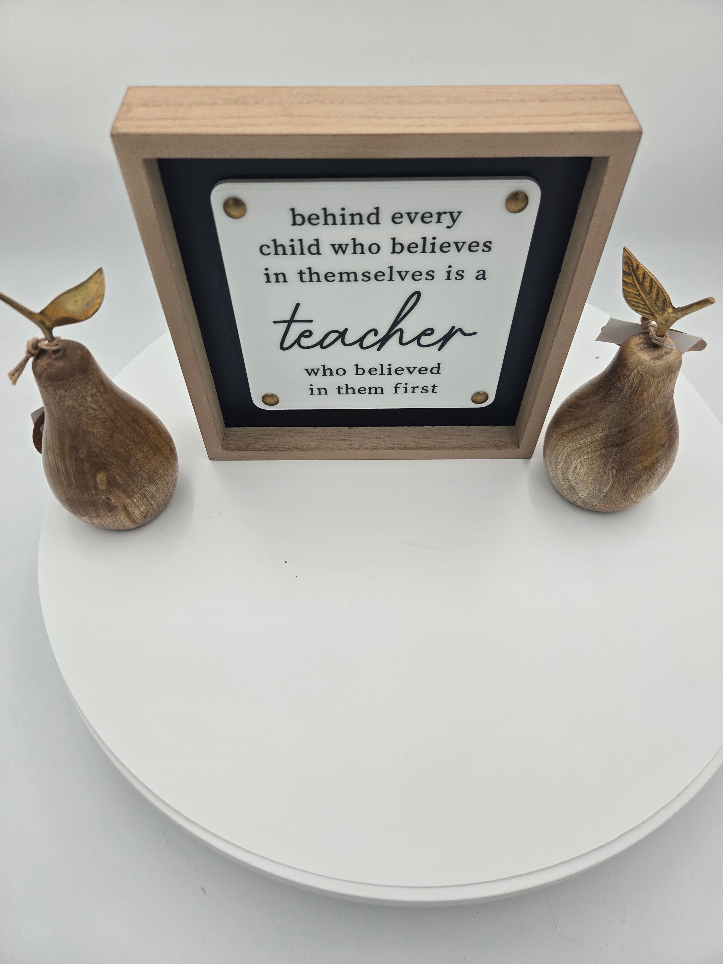 Inspirational Educator Office Décor Set – Wooden Pear Sculptures & Teacher Plaque | 3-Piece Set