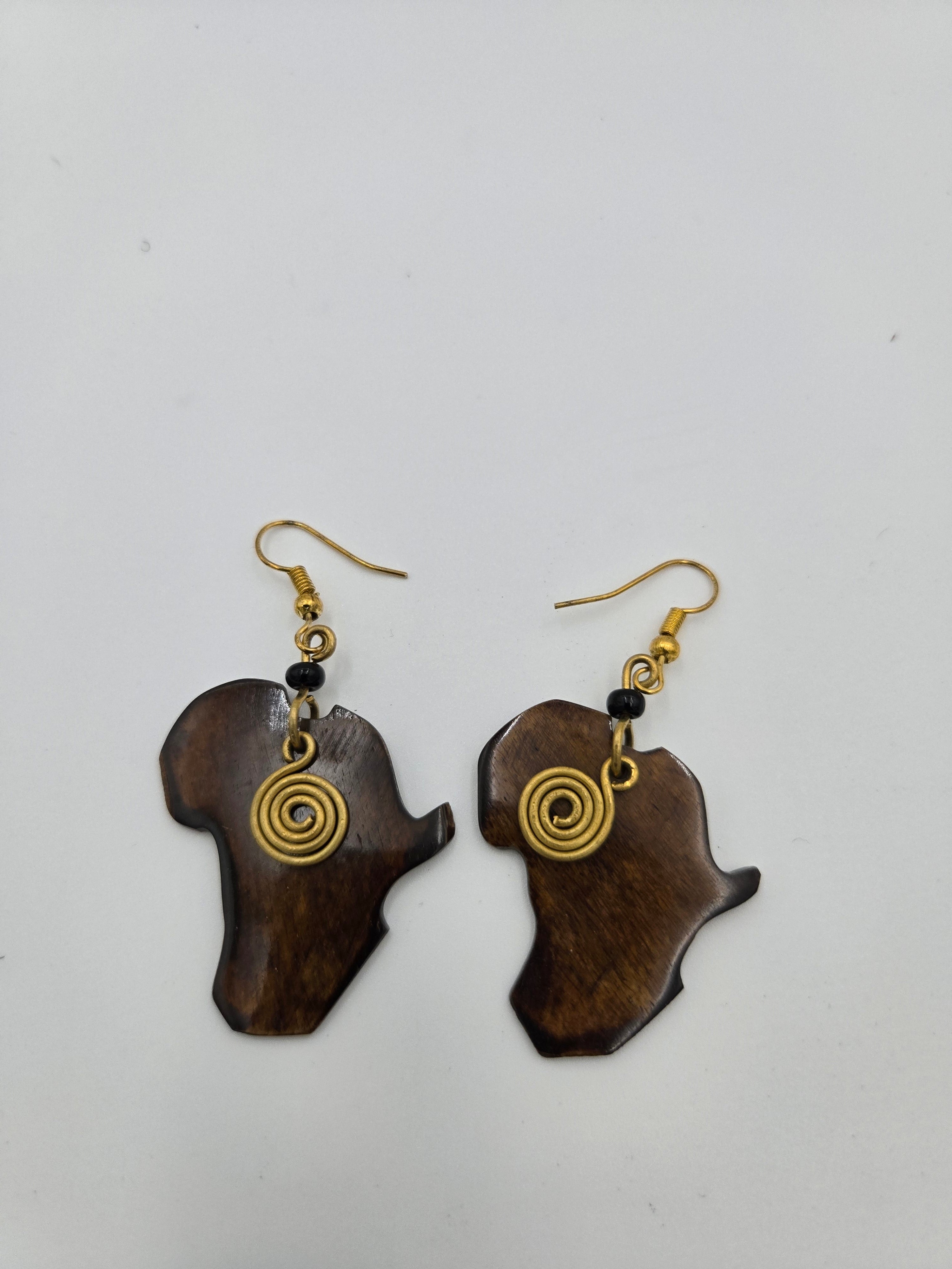 Handcrafted African Map Wooden Earrings – Gold Spiral Accent – Wt. 0.007 kg