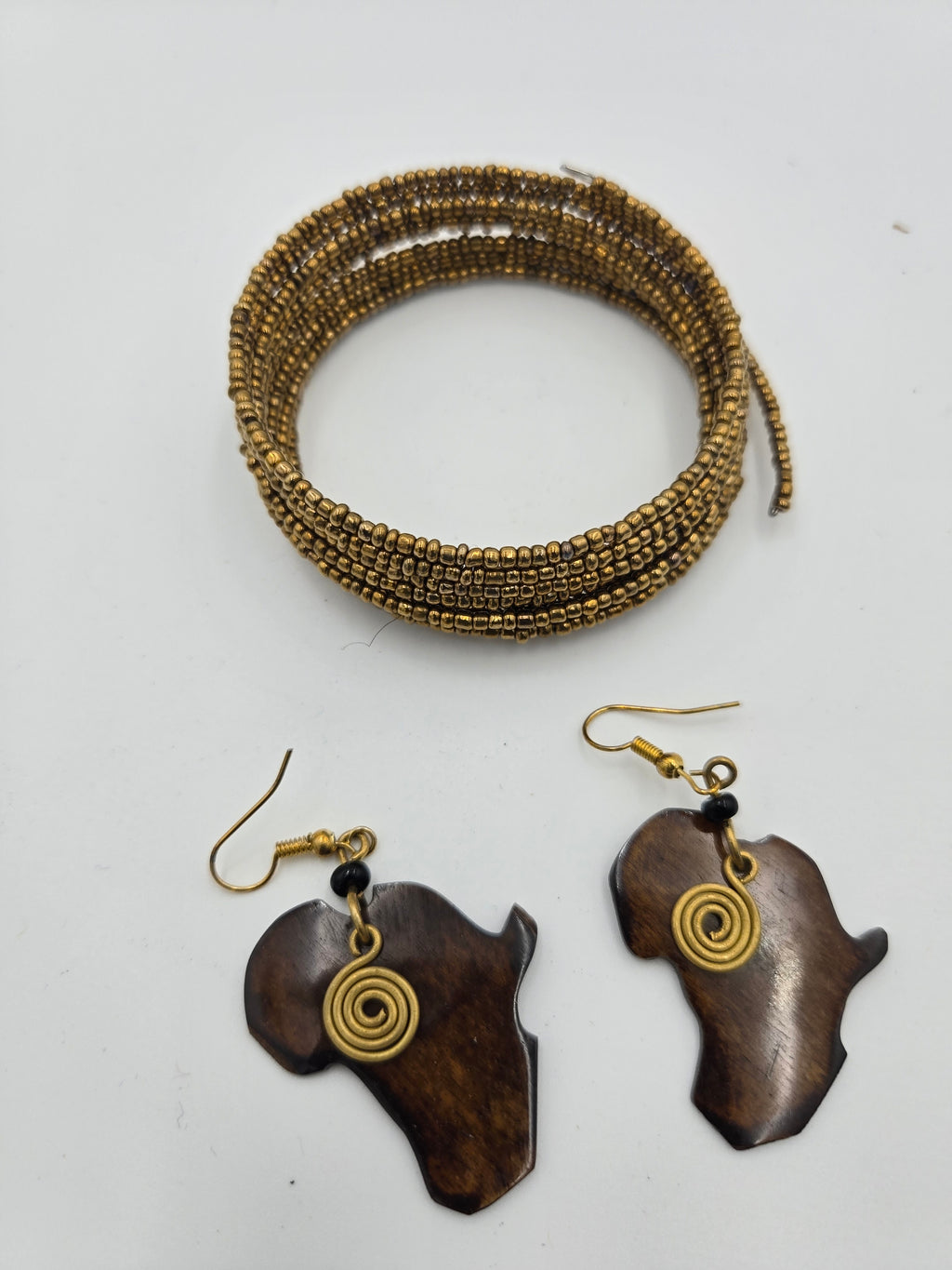 Handcrafted African Map Wooden Earrings – Gold Spiral Accent – Wt. 0.007 kg
