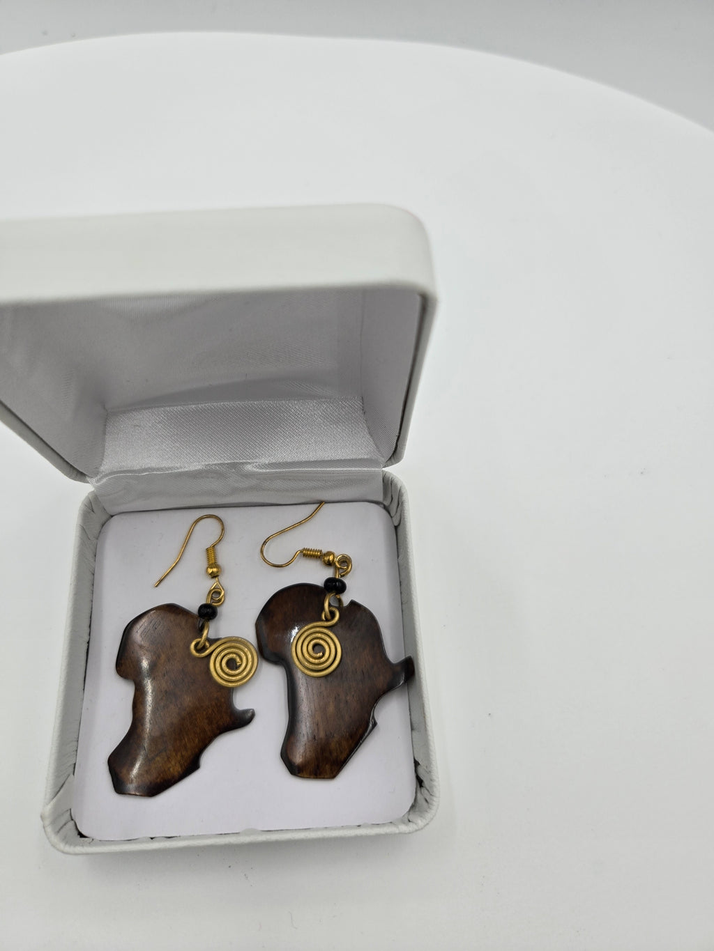 Handcrafted African Map Wooden Earrings – Gold Spiral Accent – Wt. 0.007 kg