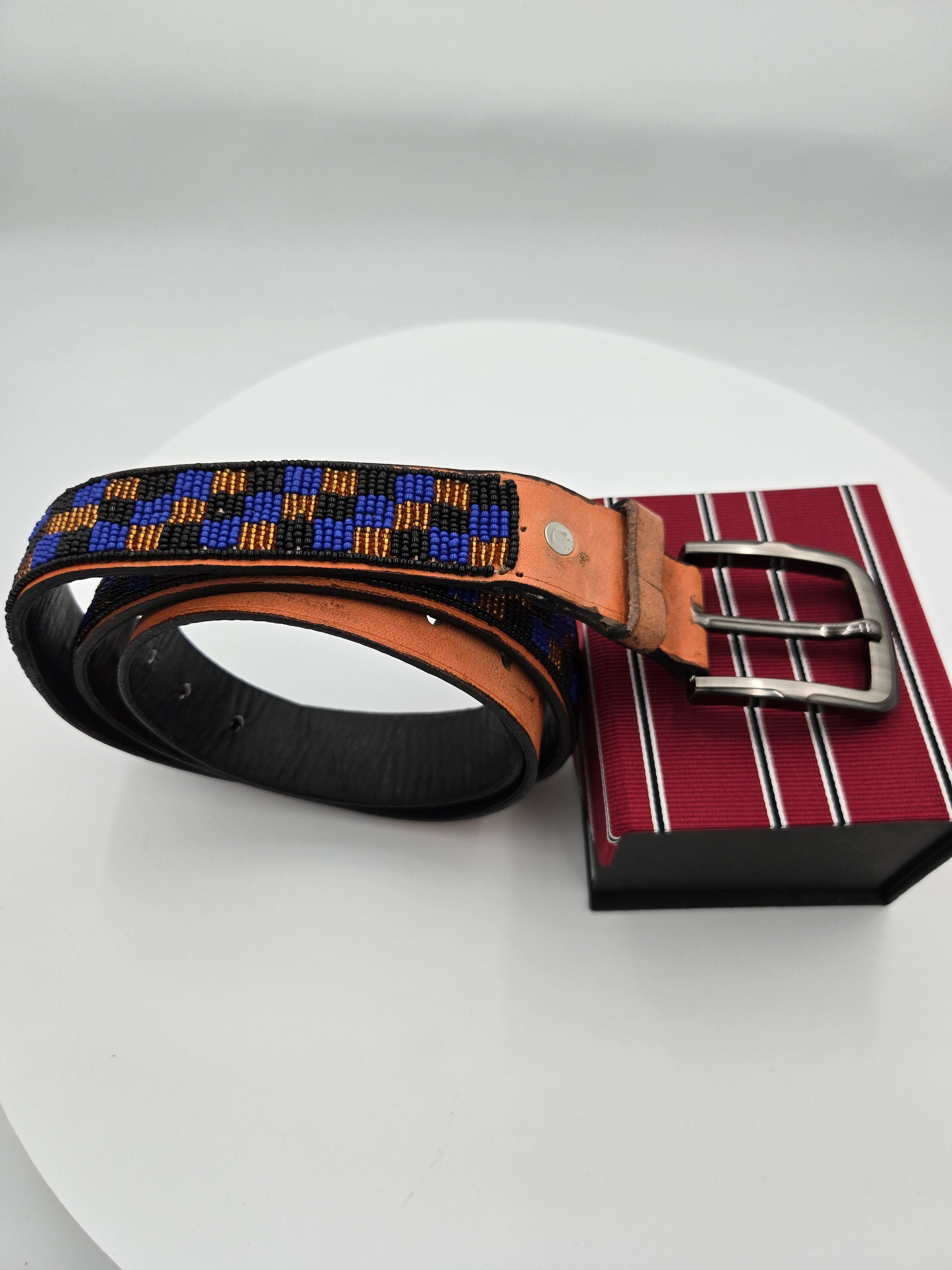 Handcrafted Maasai Beaded Genuine Leather Belt – Size 40 – Width 3 cm – Made in Kenya – Wt. 0.239 kg