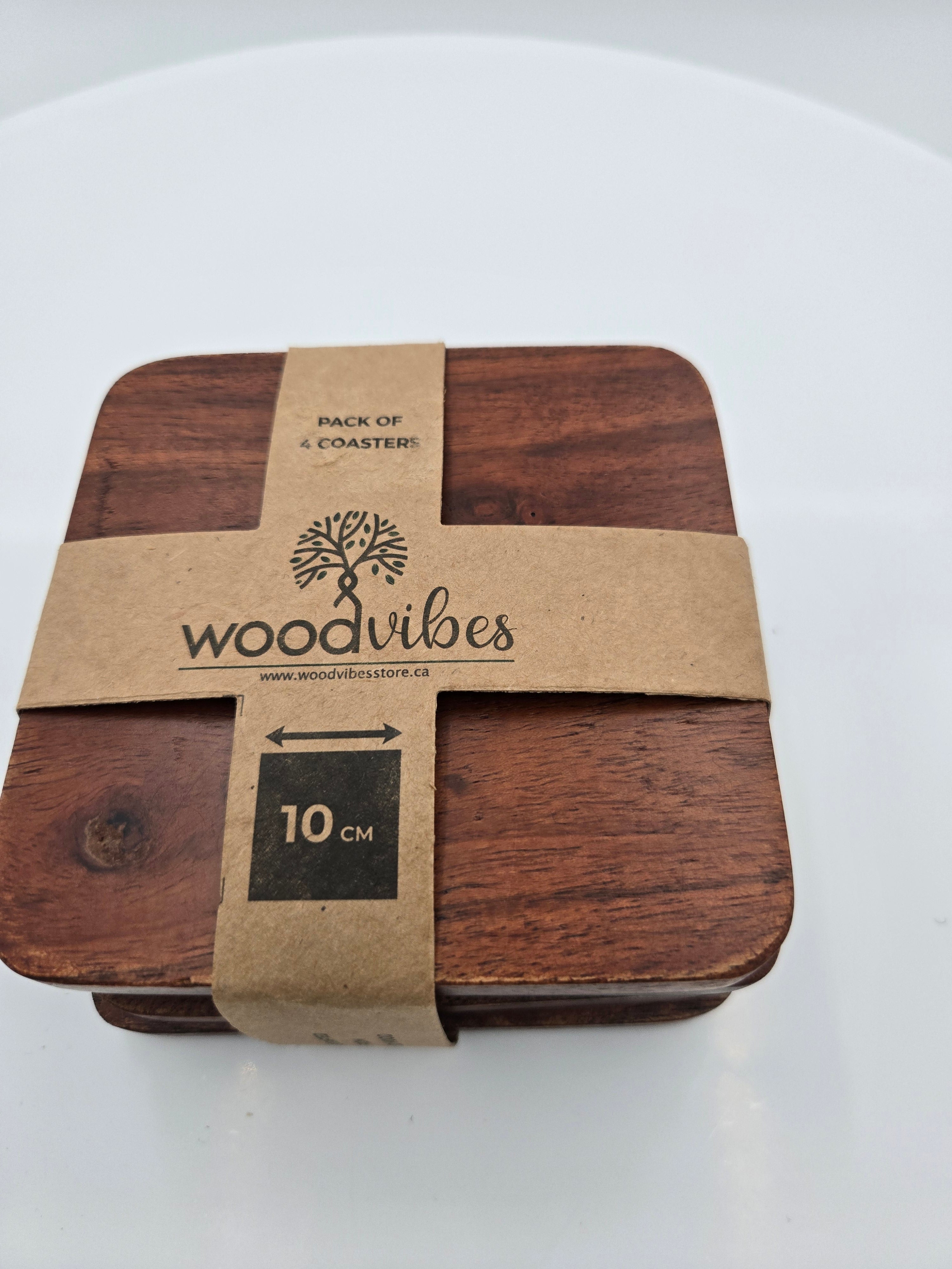 WoodVibes Acacia Wood Coasters (Set of 4) | Handcrafted Wooden Drink Coasters