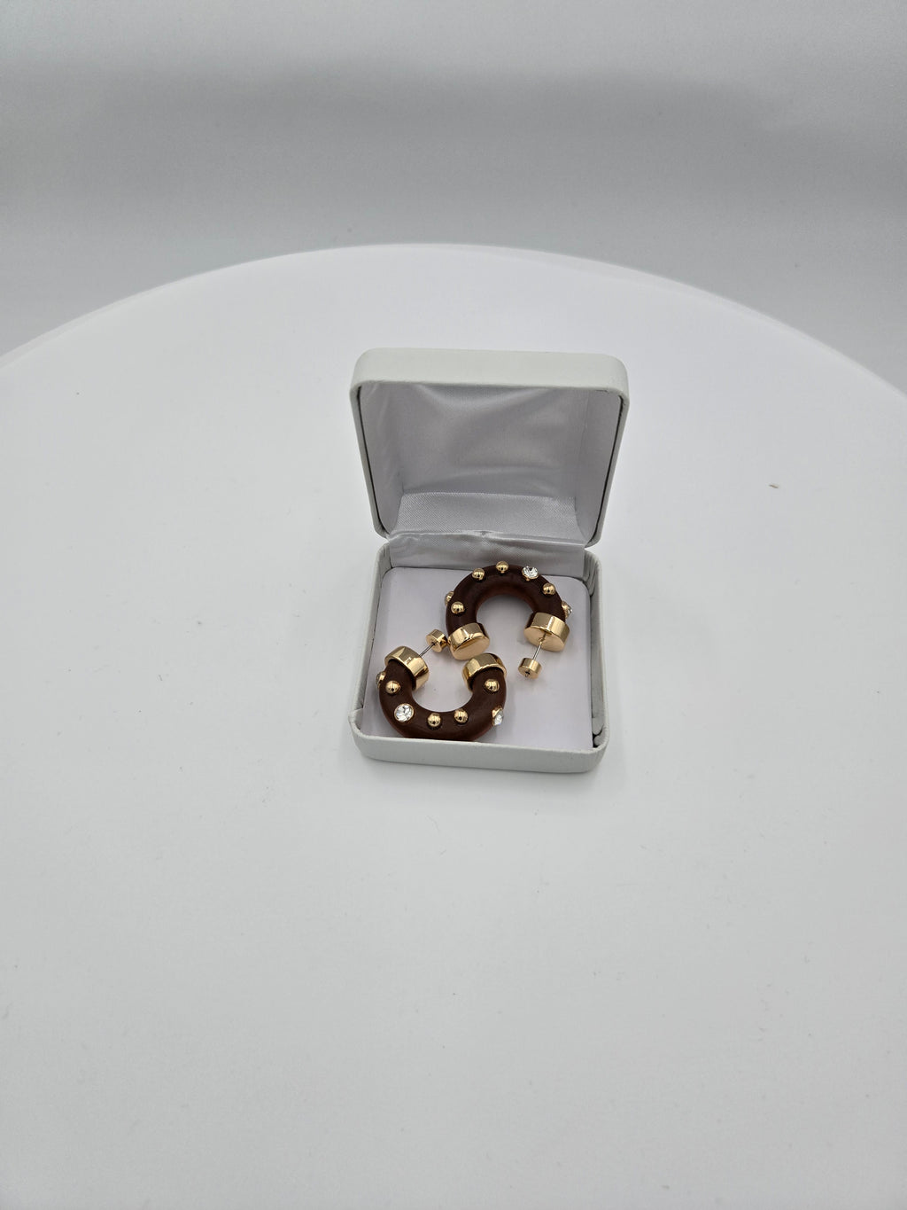 Handcrafted Wood & Crystal Accent Hoop Earrings – Gold-Tone | Set of 2 | Wt. 0.022 kg