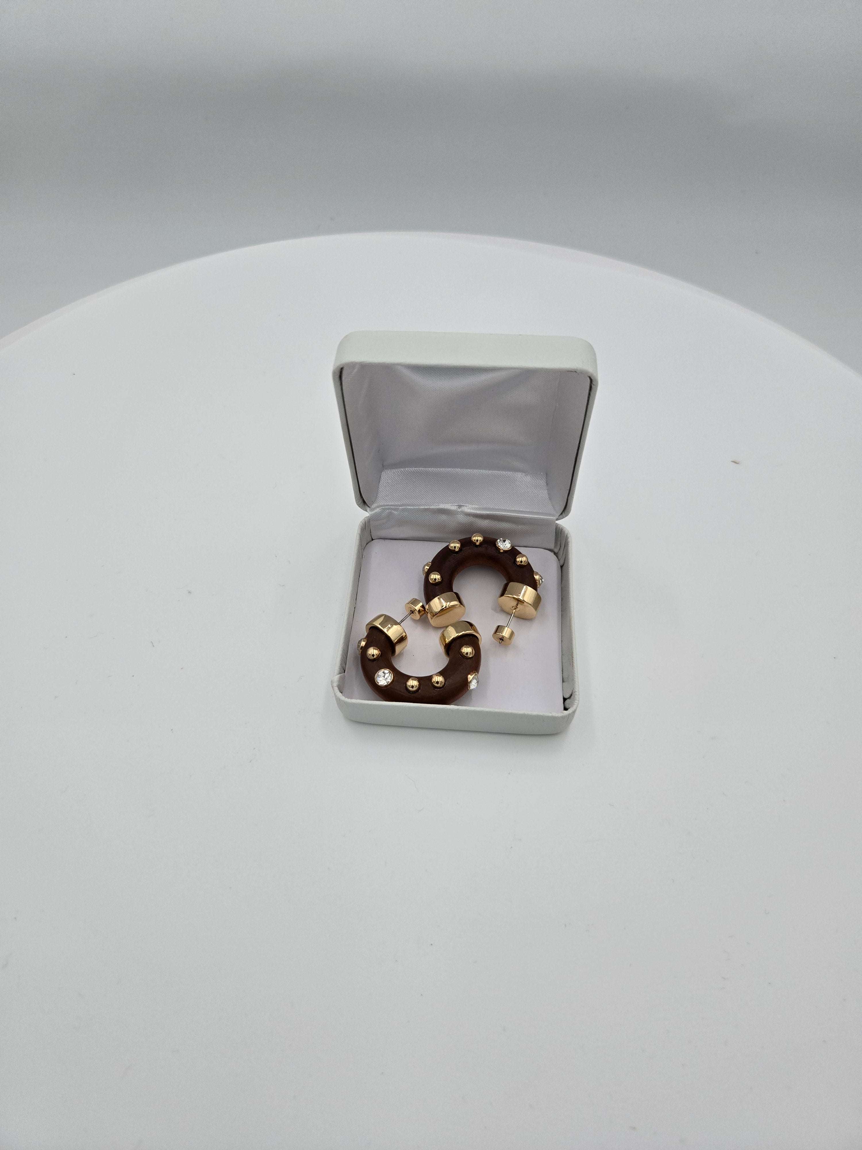 Handcrafted Wood & Crystal Accent Hoop Earrings – Gold-Tone | Set of 2 | Wt. 0.022 kg