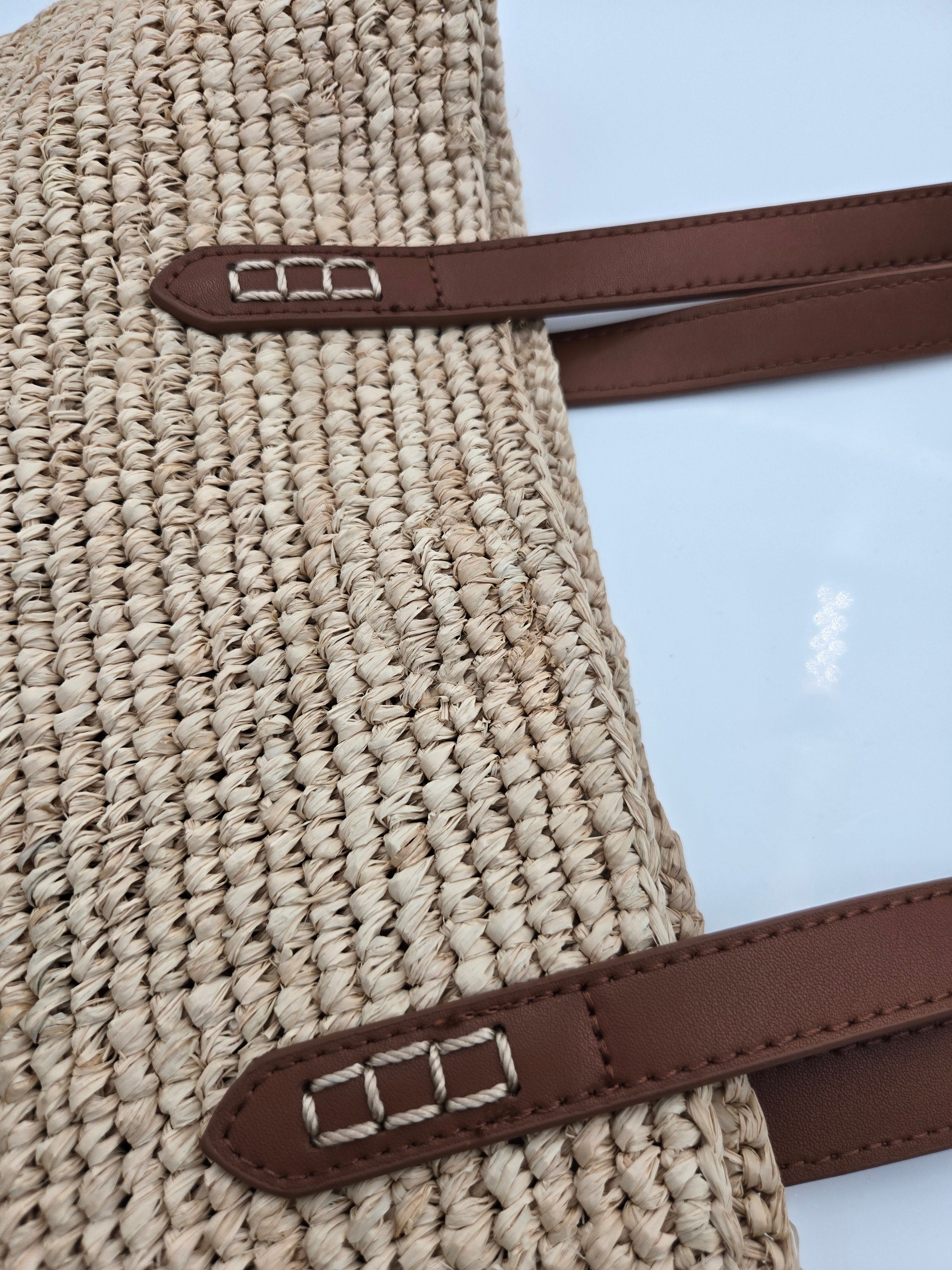 Rachel Zoe Handcrafted 100% Raffia Tote Bag with Genuine Leather Trim | Natural Woven Shoulder Bag
