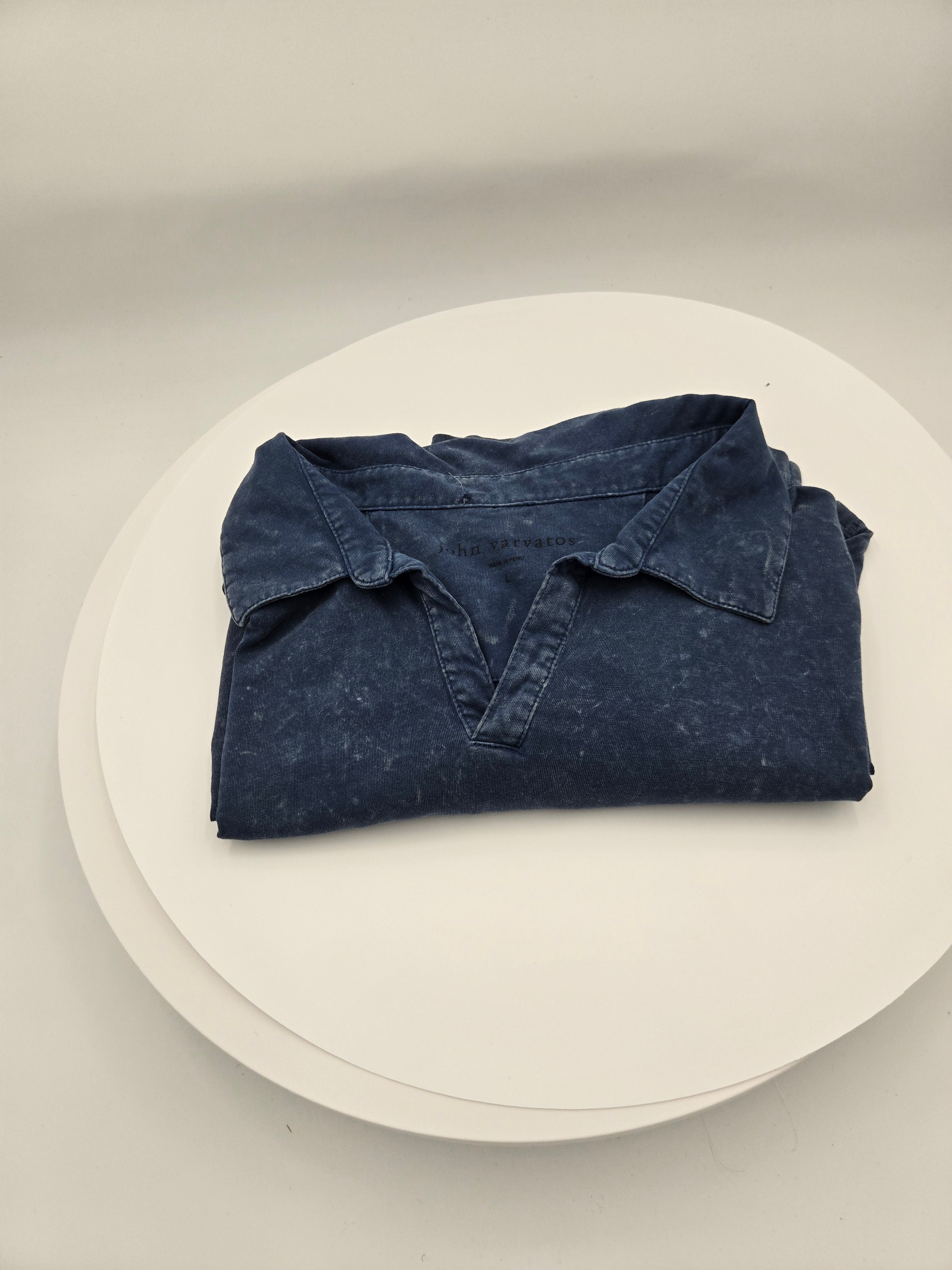 John Varvatos Men's Mineral Wash Polo Shirt | Large | Made in Peru | Premium/Vintage Mineral Blue /Length: 29 in (73.7 cm) /Chest Width (Pit to Pit): 21 in (53.3 cm)