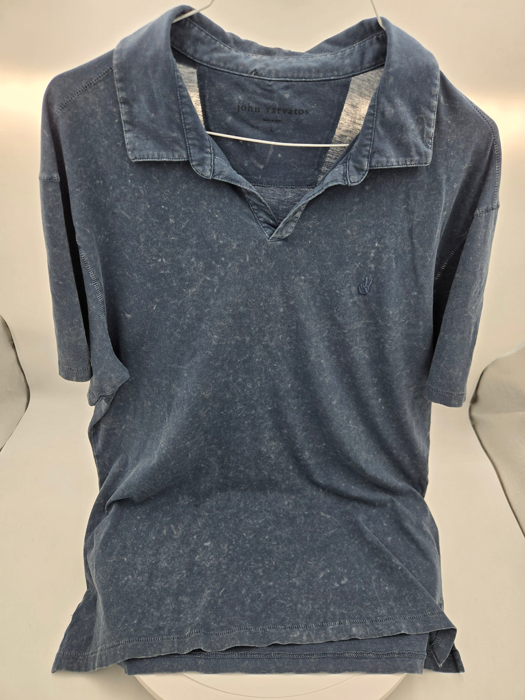John Varvatos Men's Mineral Wash Polo Shirt | Large | Made in Peru | Premium/Vintage Mineral Blue /Length: 29 in (73.7 cm) /Chest Width (Pit to Pit): 21 in (53.3 cm)