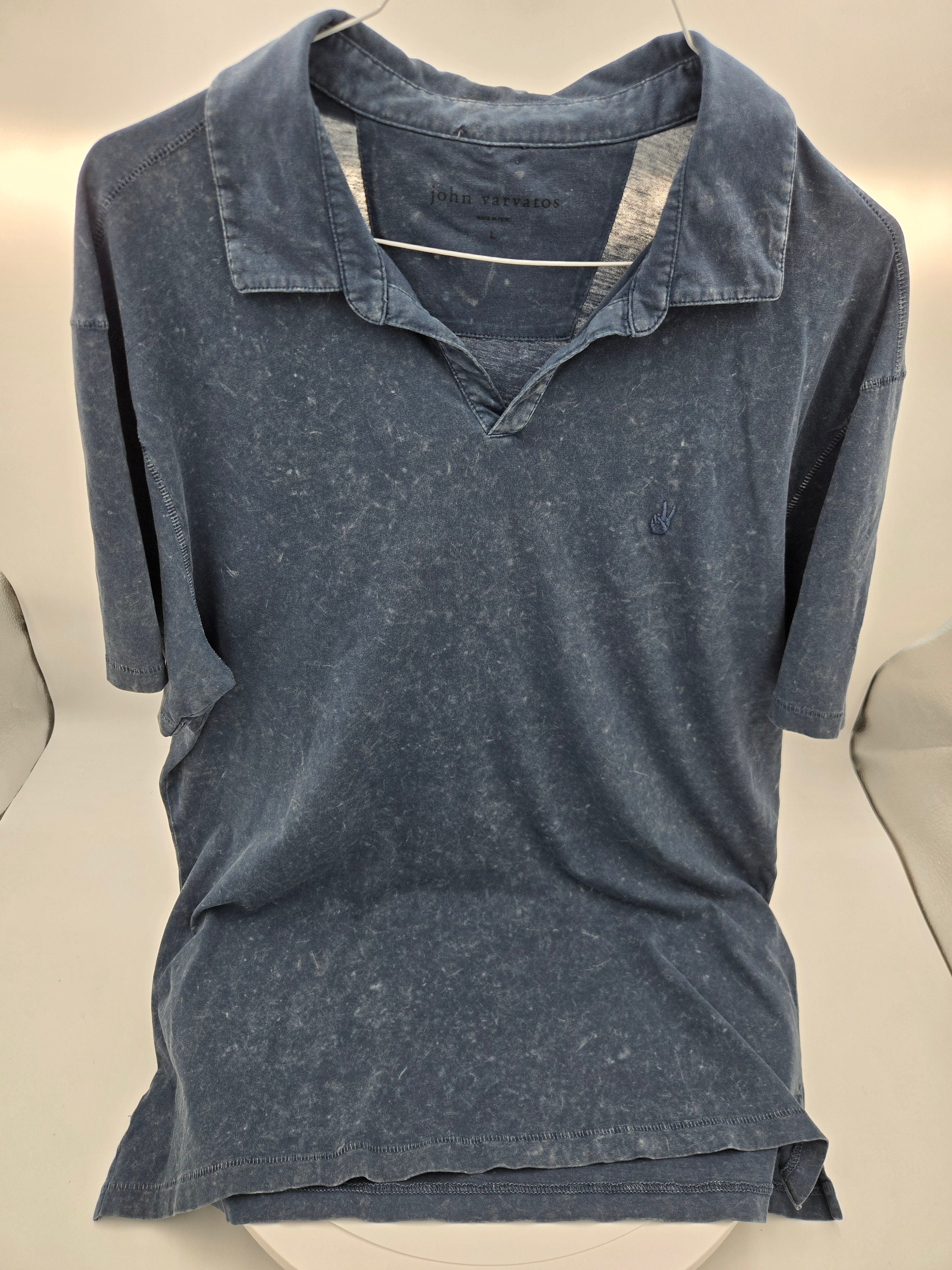 John Varvatos Men's Mineral Wash Polo Shirt | Large | Made in Peru | Premium/Vintage Mineral Blue /Length: 29 in (73.7 cm) /Chest Width (Pit to Pit): 21 in (53.3 cm)