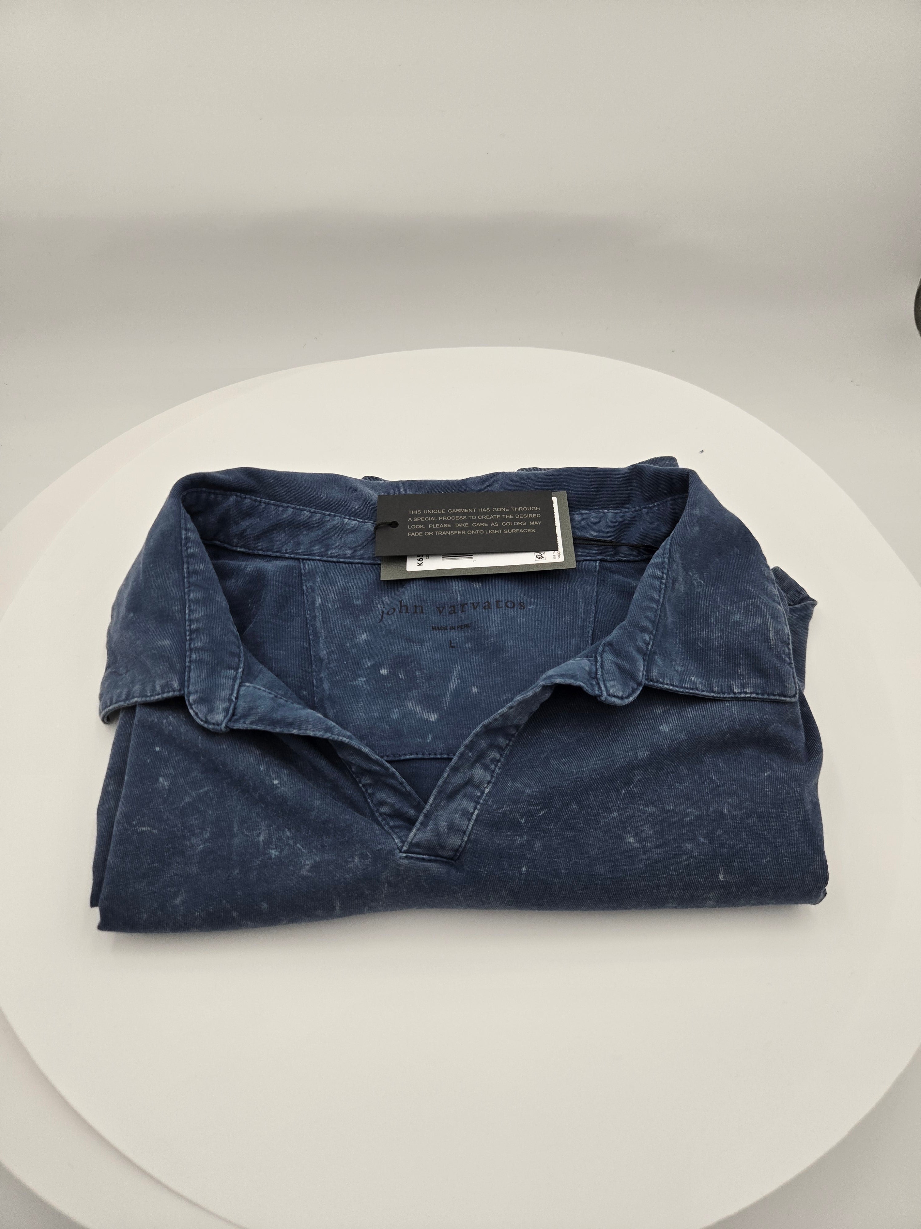 John Varvatos Men's Mineral Wash Polo Shirt | Large | Made in Peru | Premium/Vintage Mineral Blue /Length: 29 in (73.7 cm) /Chest Width (Pit to Pit): 21 in (53.3 cm)