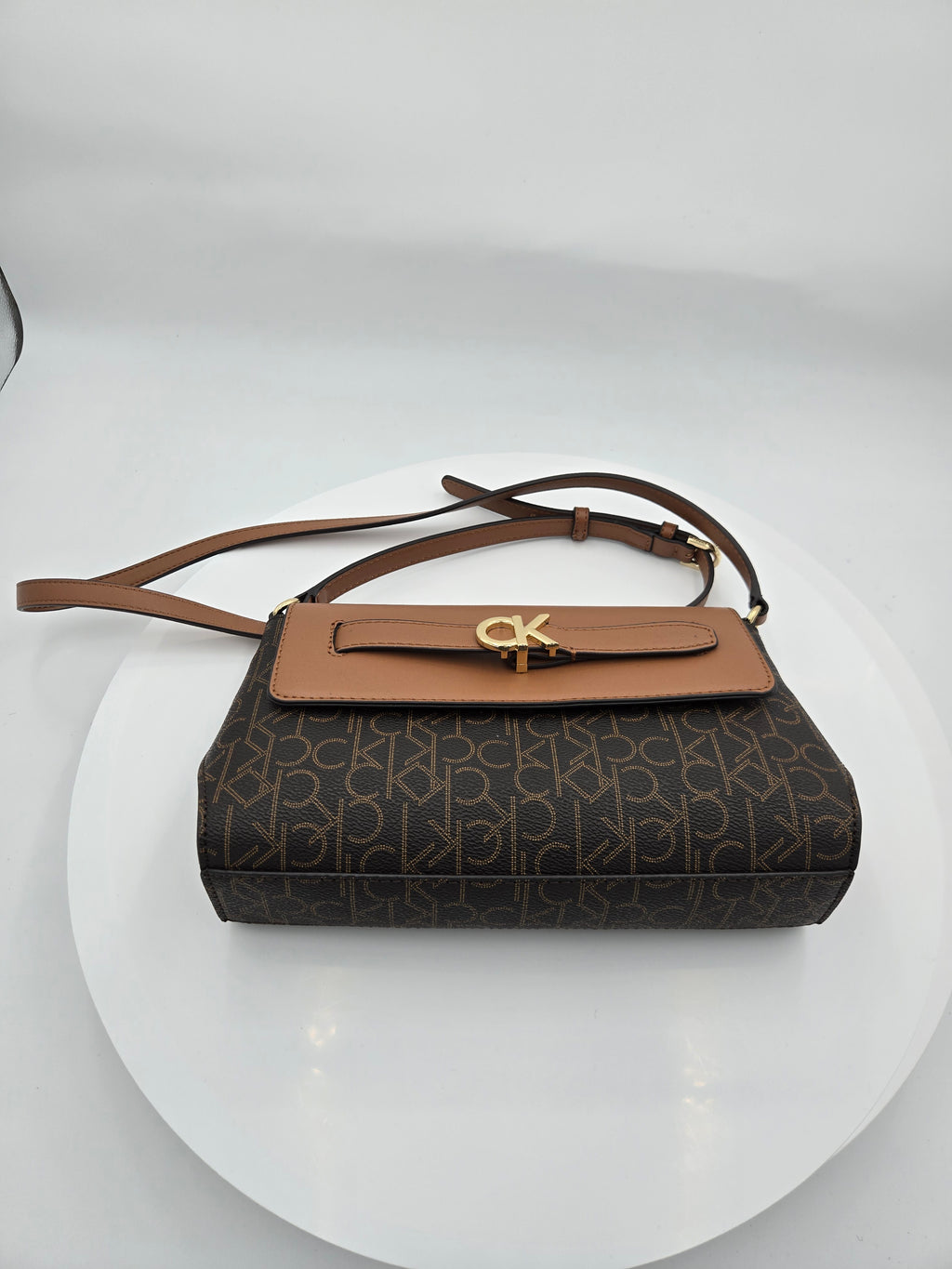 Calvin Klein Signature Monogram Crossbody Handbag | Brown & Cognac Shoulder Bag