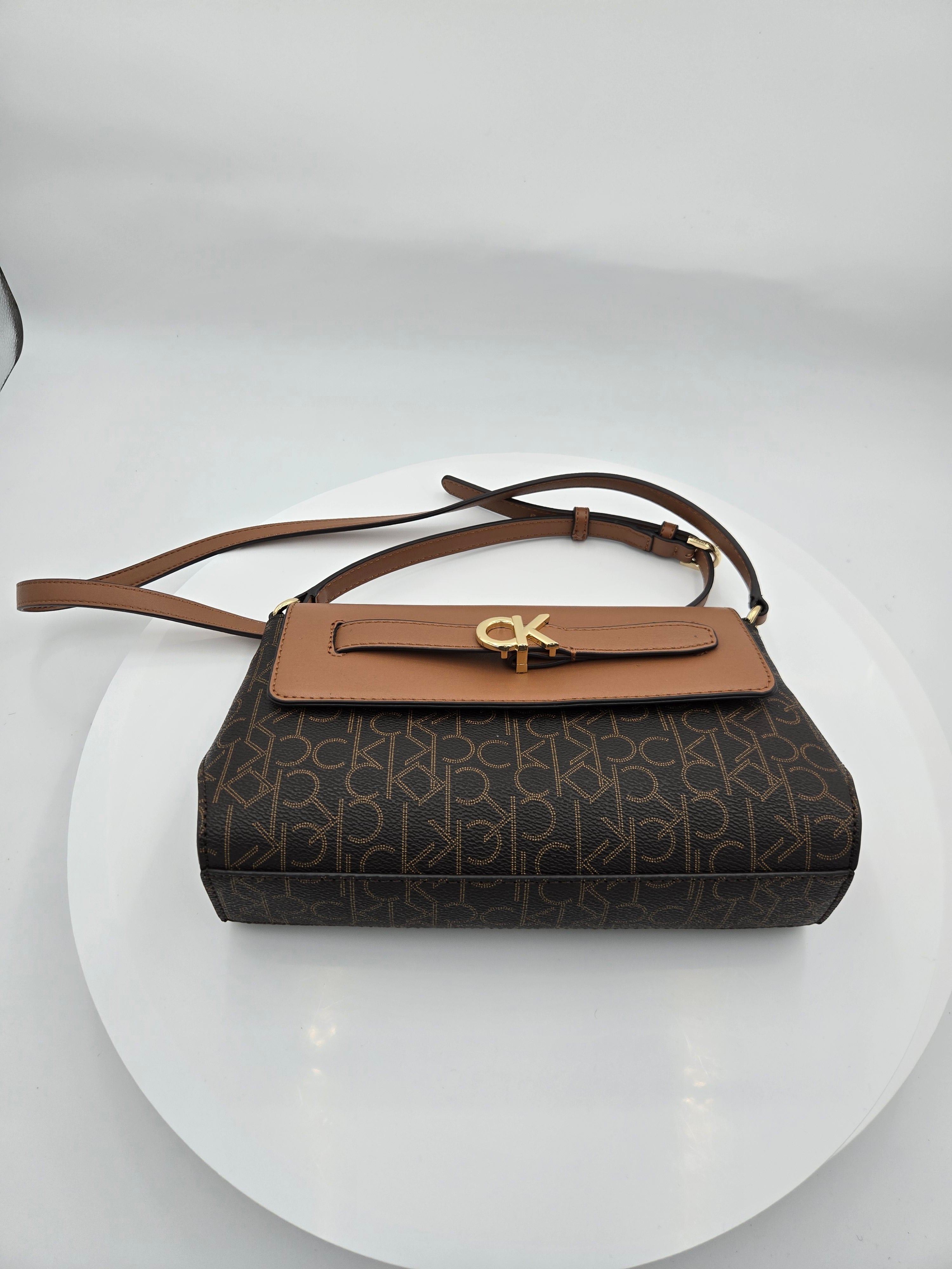 Calvin Klein Signature Monogram Crossbody Handbag | Brown & Cognac Shoulder Bag