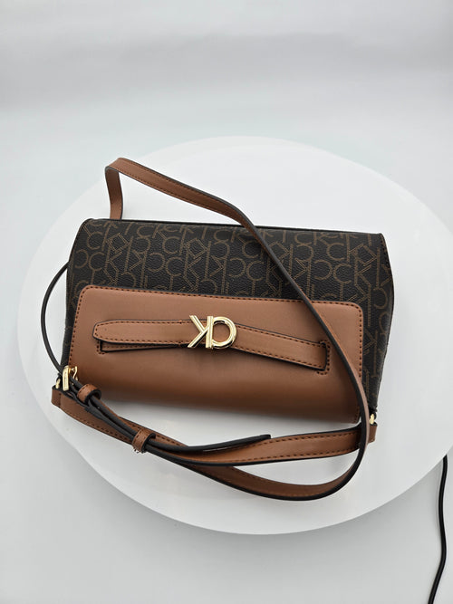 Calvin Klein Signature Monogram Crossbody Handbag | Brown & Cognac Shoulder Bag