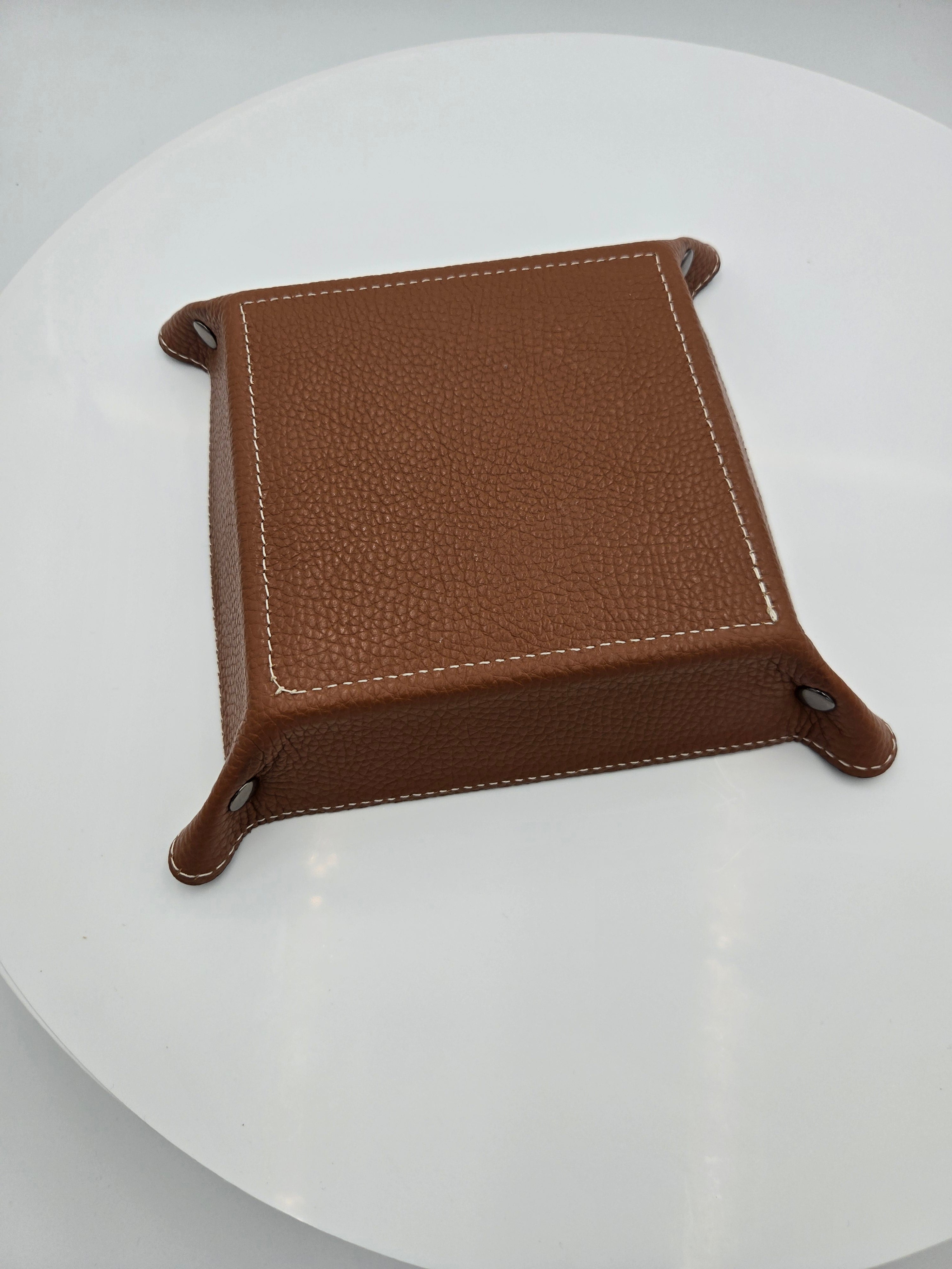 TALIE Handcrafted Genuine Leather Valet Tray | Premium Pebbled Leather Catchall Tray | Brown | Made in Italy