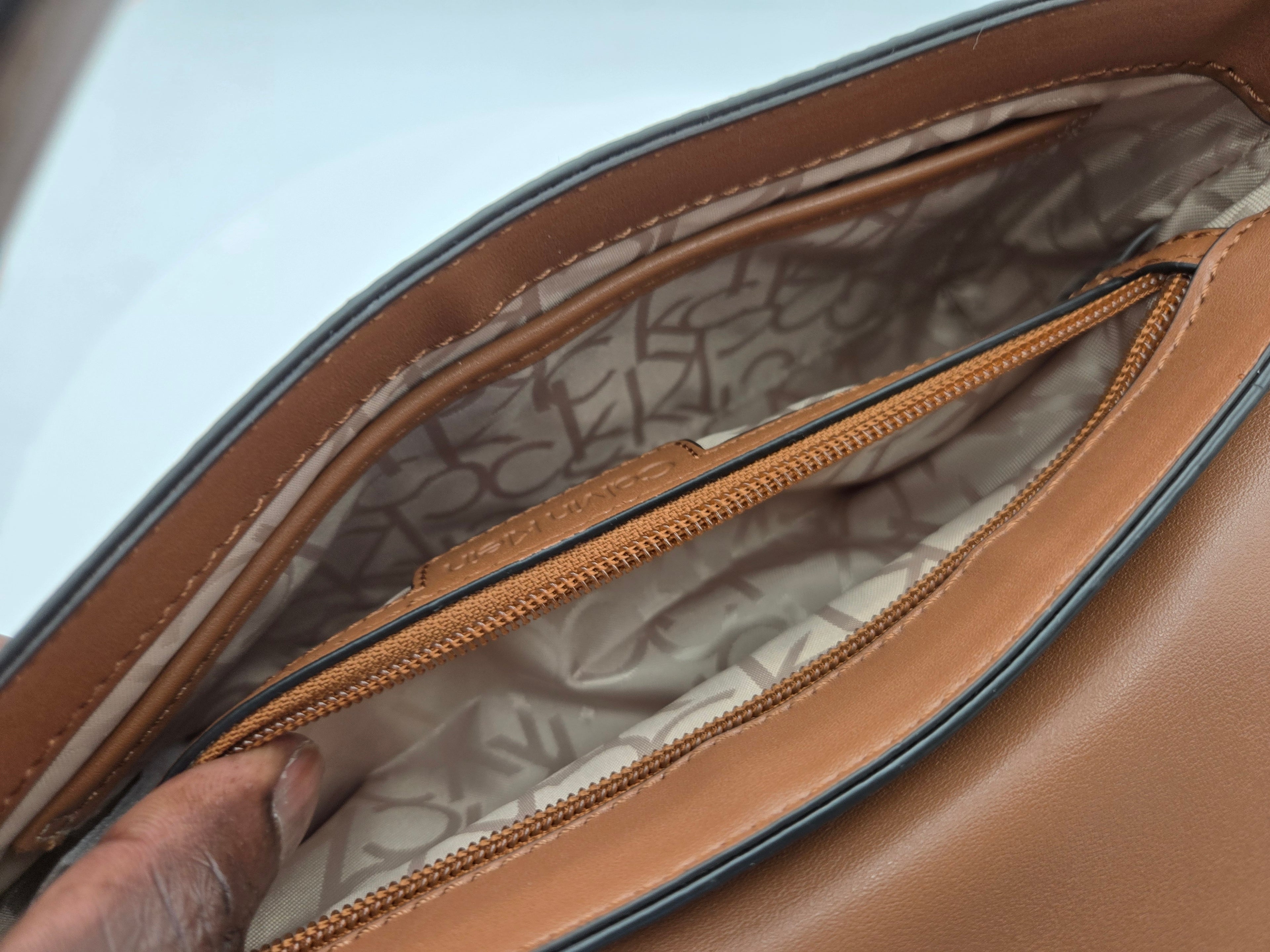 Calvin Klein Signature Monogram Crossbody Handbag | Brown & Cognac Shoulder Bag