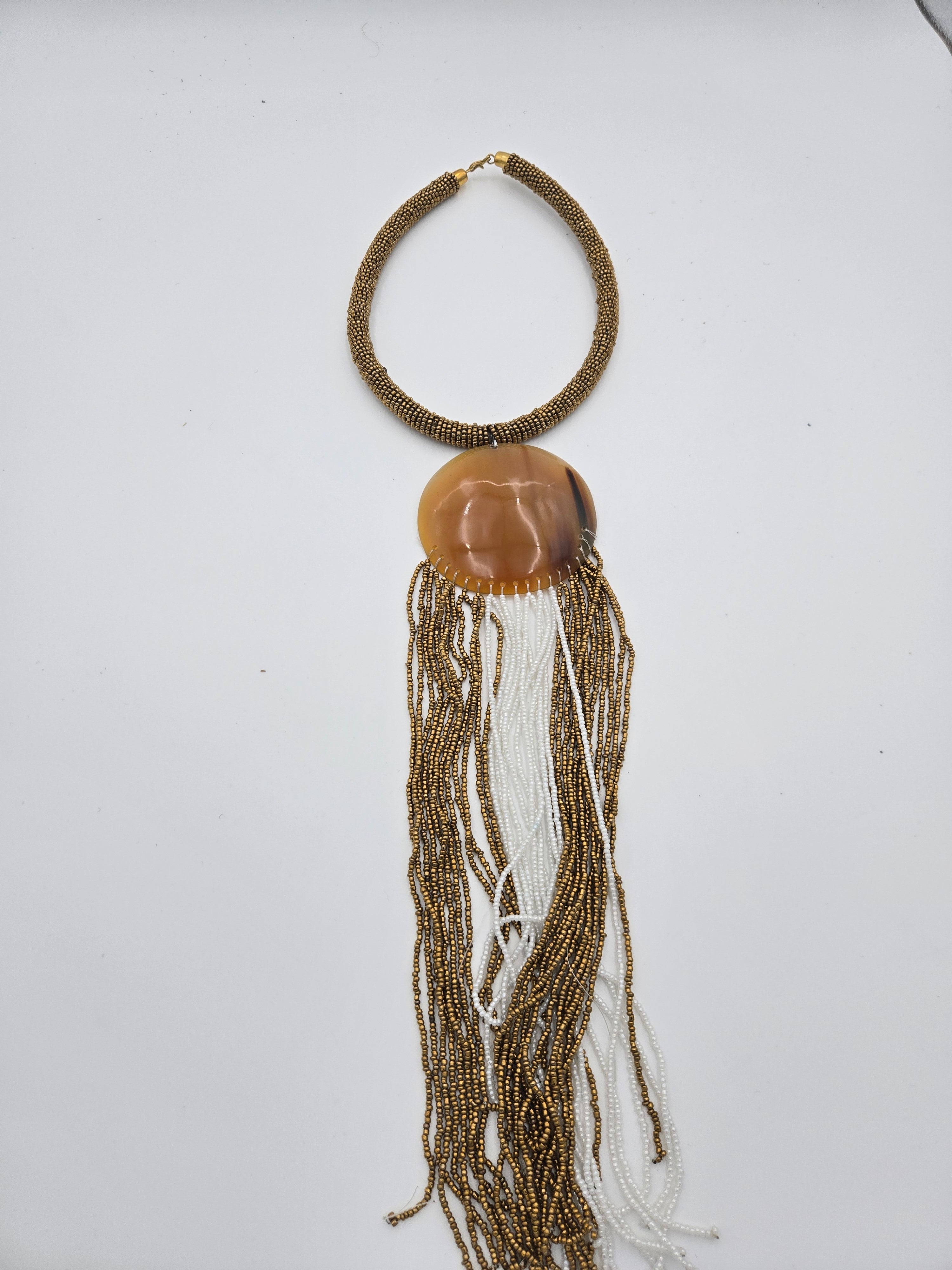 Handcrafted African Beaded Statement Necklace – Natural Horn Pendant – Crown 17 cm – Fringe 31 cm – Total Length 48 cm – Wt. 0.169 kg