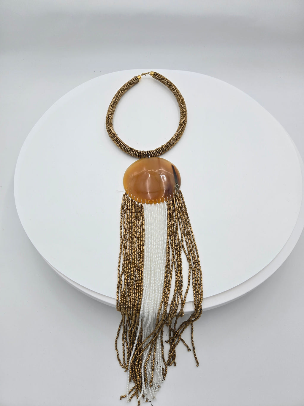Handcrafted African Beaded Statement Necklace – Natural Horn Pendant – Crown 17 cm – Fringe 31 cm – Total Length 48 cm – Wt. 0.169 kg