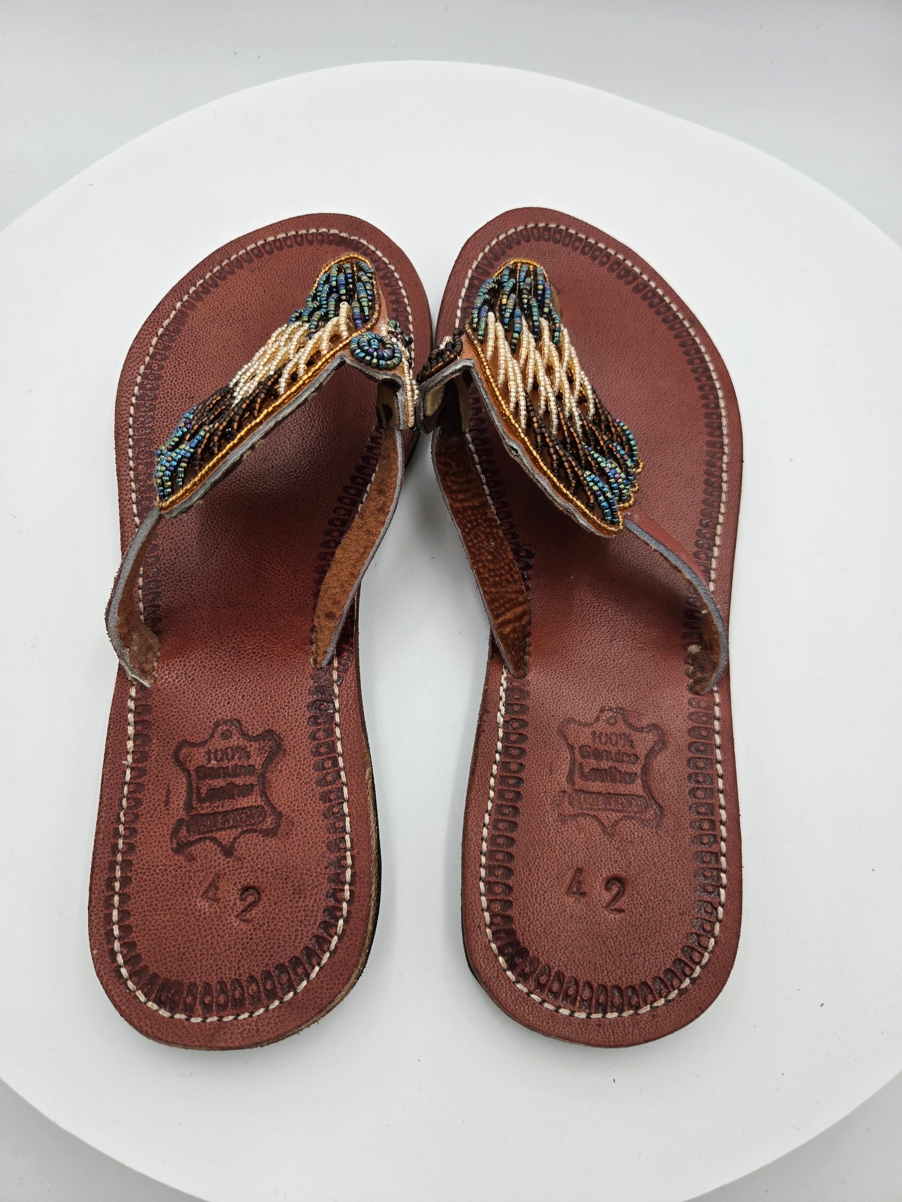 Handcrafted Maasai Beaded Genuine Leather Sandals – Women's EU 42 (Canada/USA Size 11) – Made in Kenya – 100% Genuine Leather – Wt. 0.44 kg