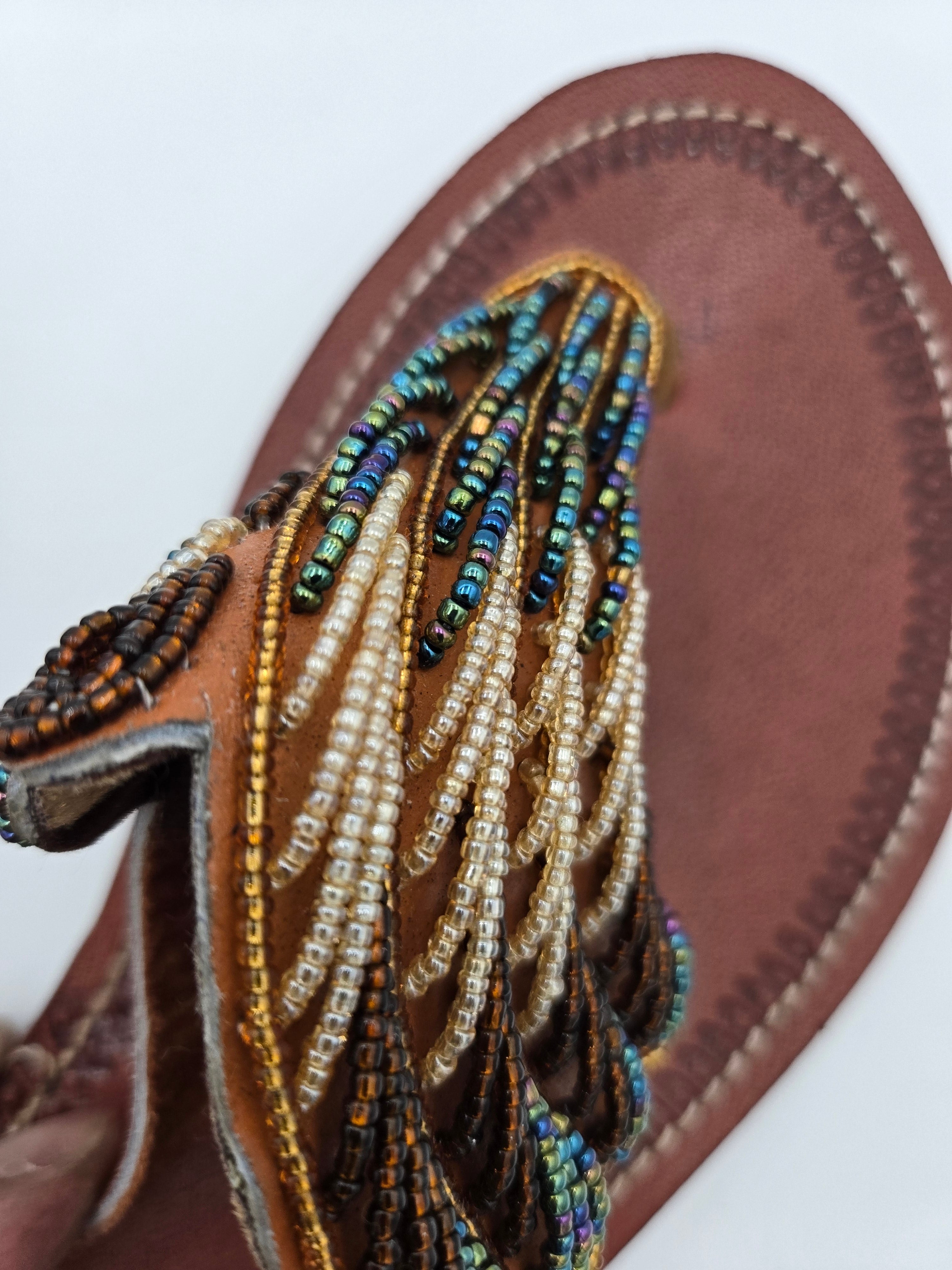 Handcrafted Maasai Beaded Genuine Leather Sandals – Women's EU 42 (Canada/USA Size 11) – Made in Kenya – 100% Genuine Leather – Wt. 0.44 kg