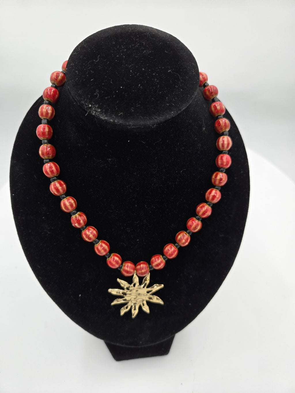 Handcrafted Red Beaded Sun Pendant Necklace – 16" + 3" Extender – Nickel Free & Lead Safe