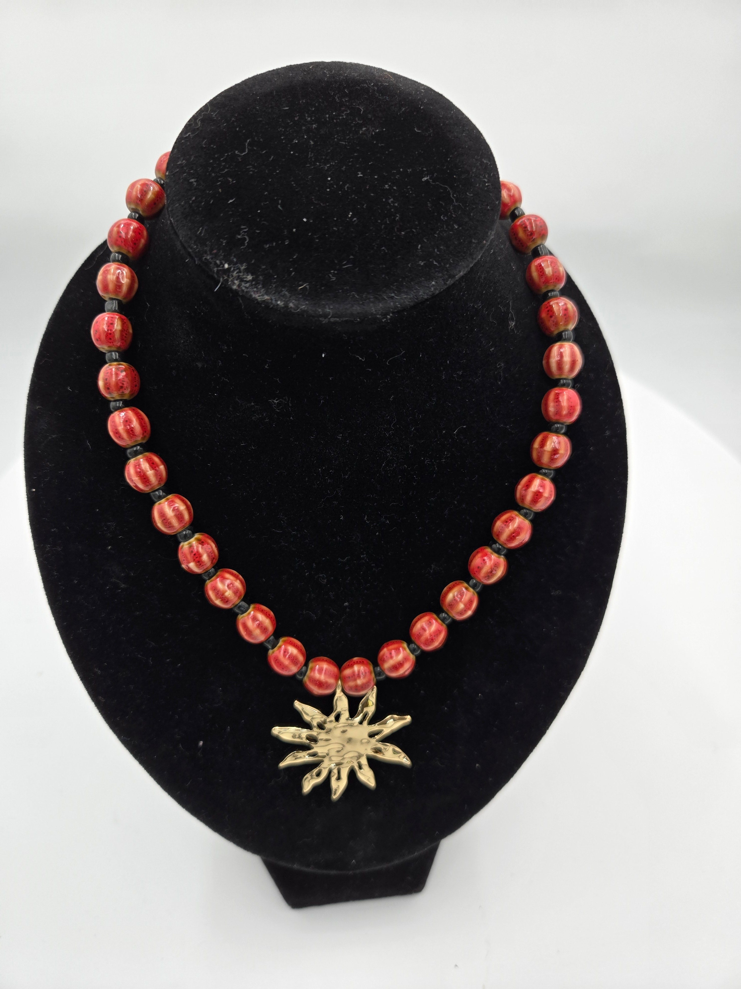 Handcrafted Red Beaded Sun Pendant Necklace – 16" + 3" Extender – Nickel Free & Lead Safe