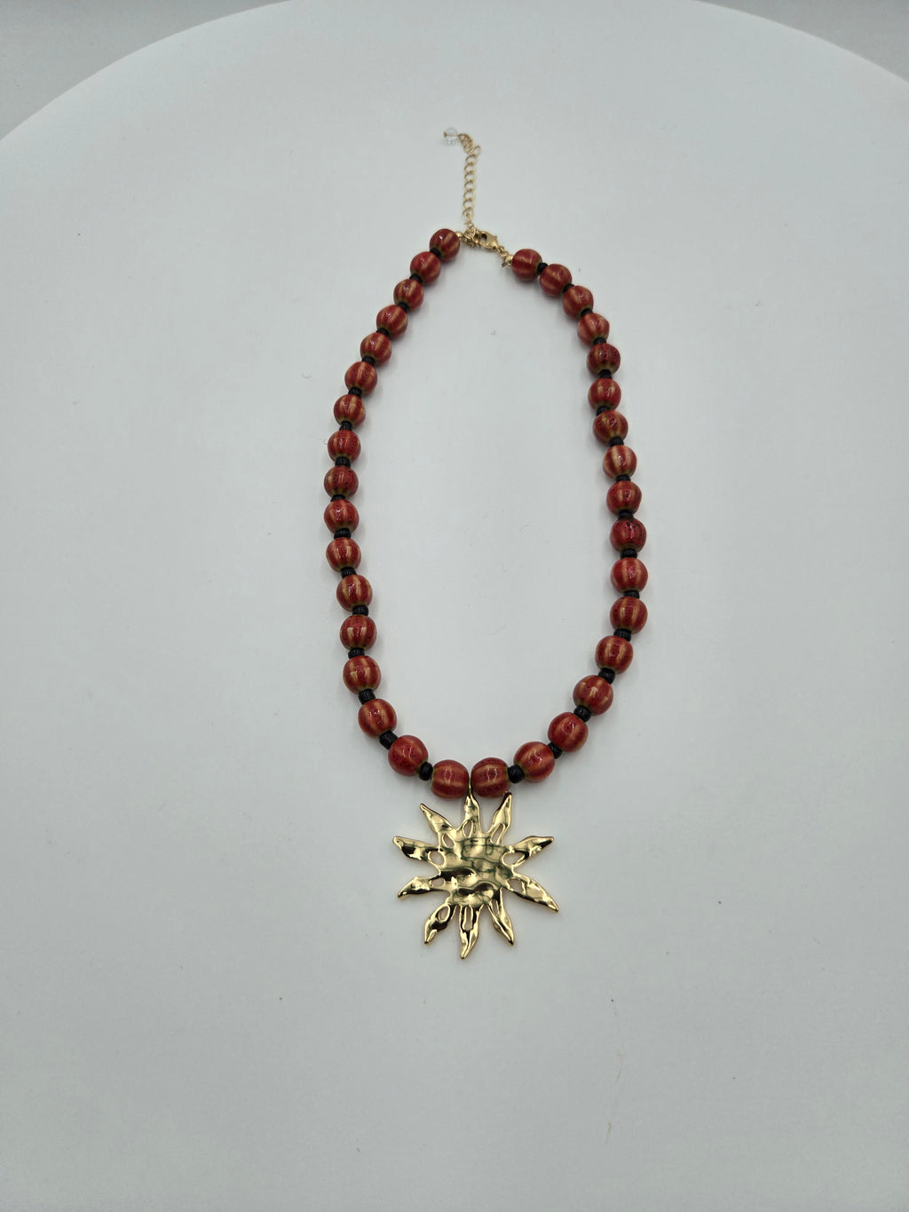 Handcrafted Red Beaded Sun Pendant Necklace – 16" + 3" Extender – Nickel Free & Lead Safe