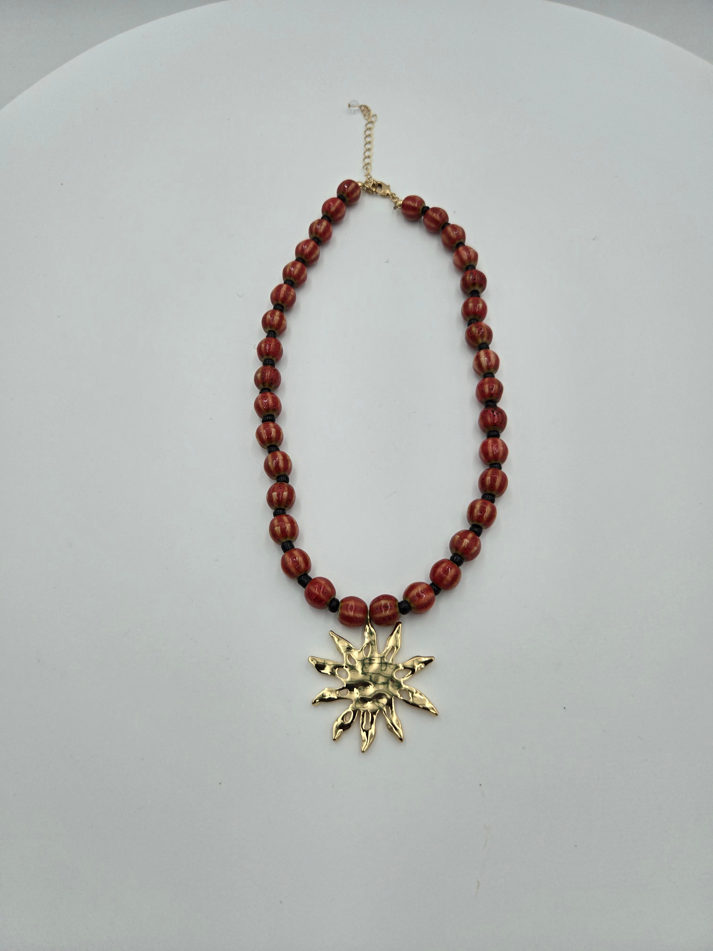 Handcrafted Red Beaded Sun Pendant Necklace – 16" + 3" Extender – Nickel Free & Lead Safe