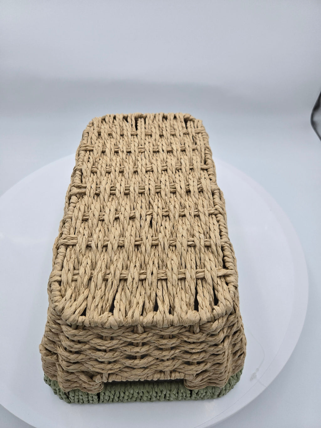 Handwoven Storage Basket | Natural Woven Organizer with Sage Green Trim | 29.5 × 18 cm