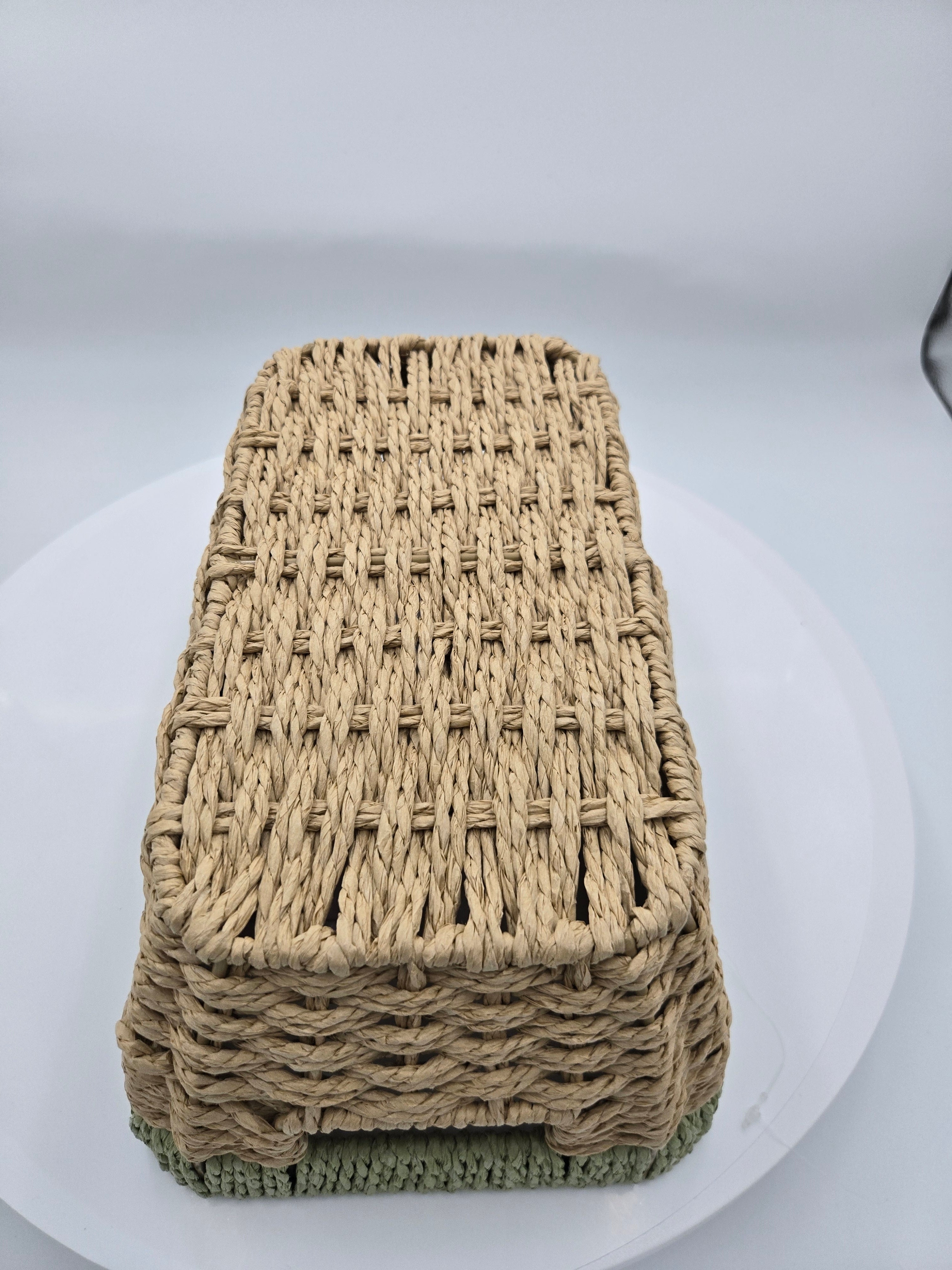 Handwoven Storage Basket | Natural Woven Organizer with Sage Green Trim | 29.5 × 18 cm