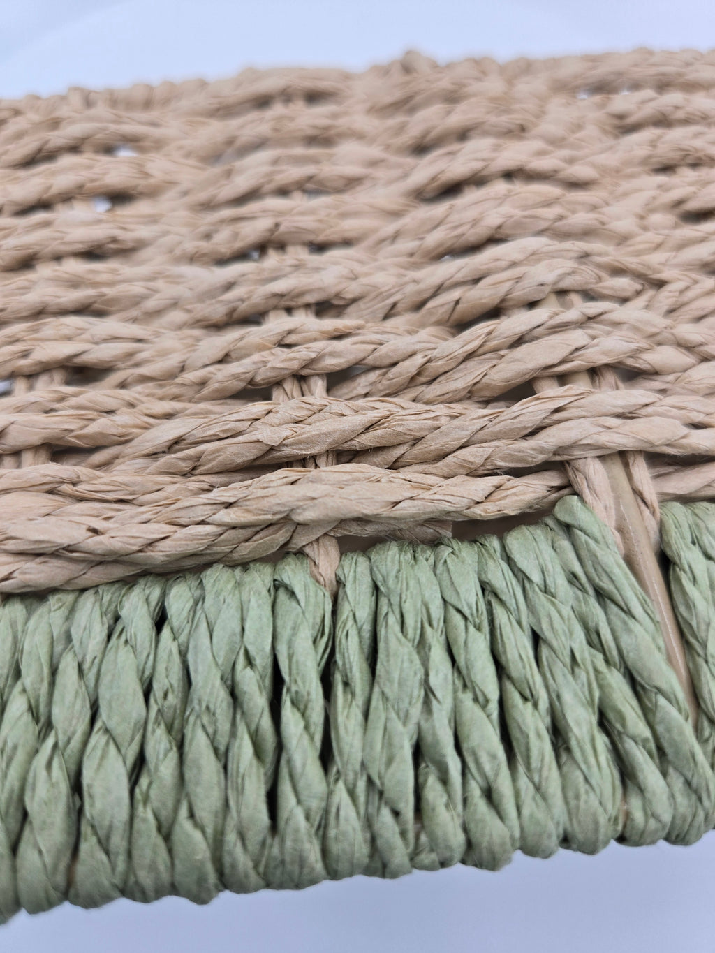 Handwoven Storage Basket | Natural Woven Organizer with Sage Green Trim | 29.5 × 18 cm