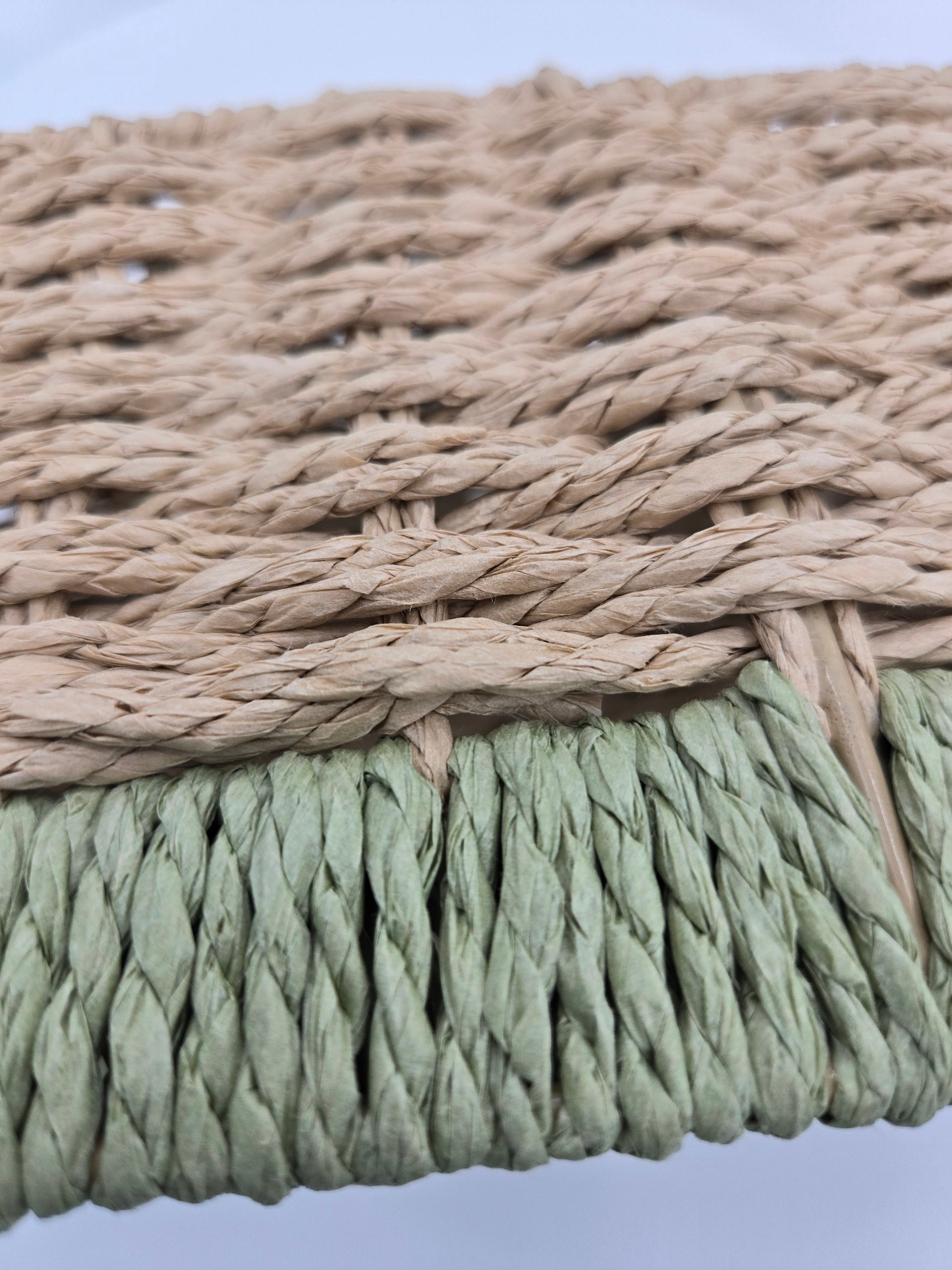 Handwoven Storage Basket | Natural Woven Organizer with Sage Green Trim | 29.5 × 18 cm