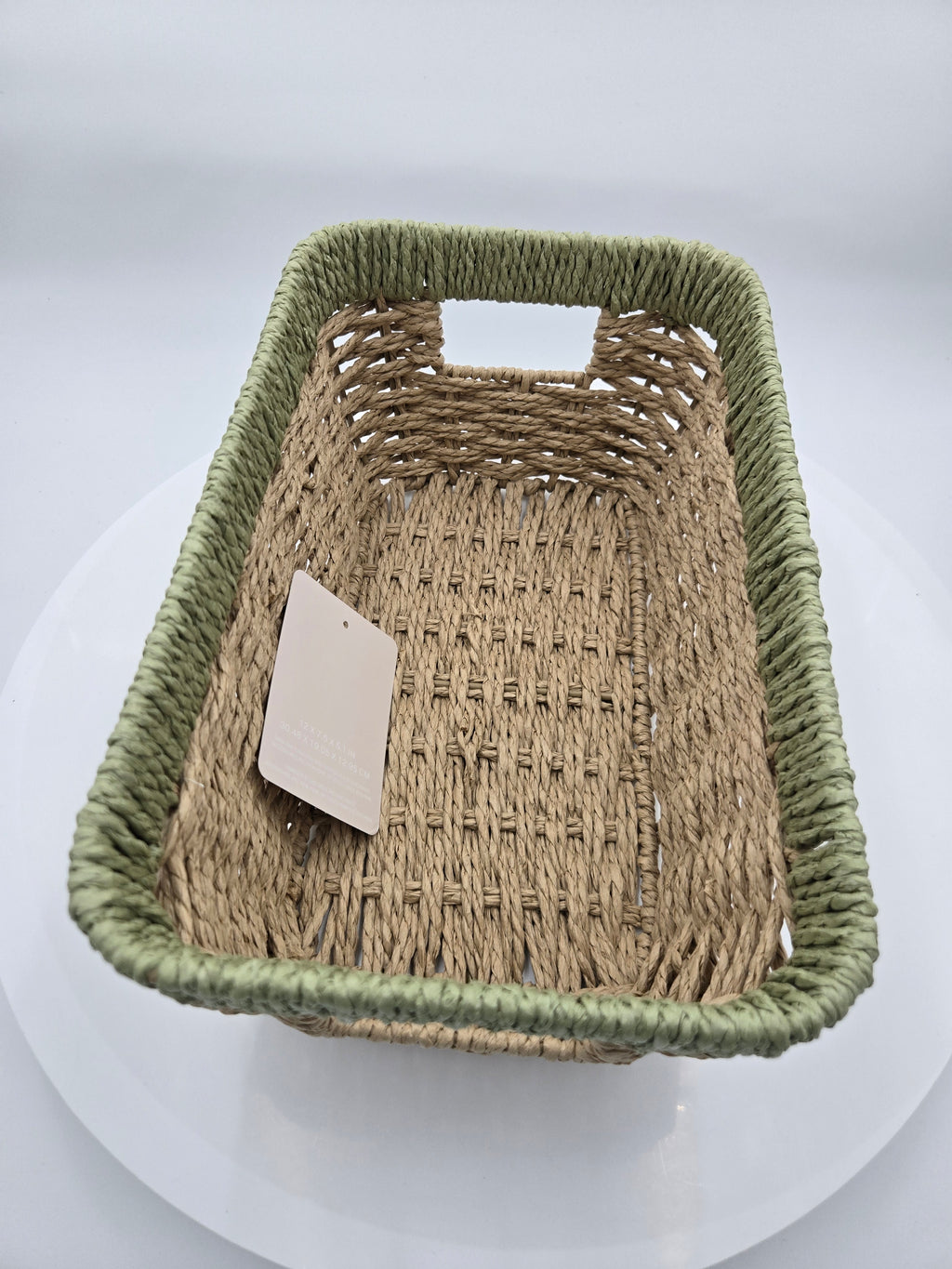 Handwoven Storage Basket | Natural Woven Organizer with Sage Green Trim | 29.5 × 18 cm