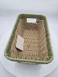 Handwoven Storage Basket | Natural Woven Organizer with Sage Green Trim | 29.5 × 18 cm