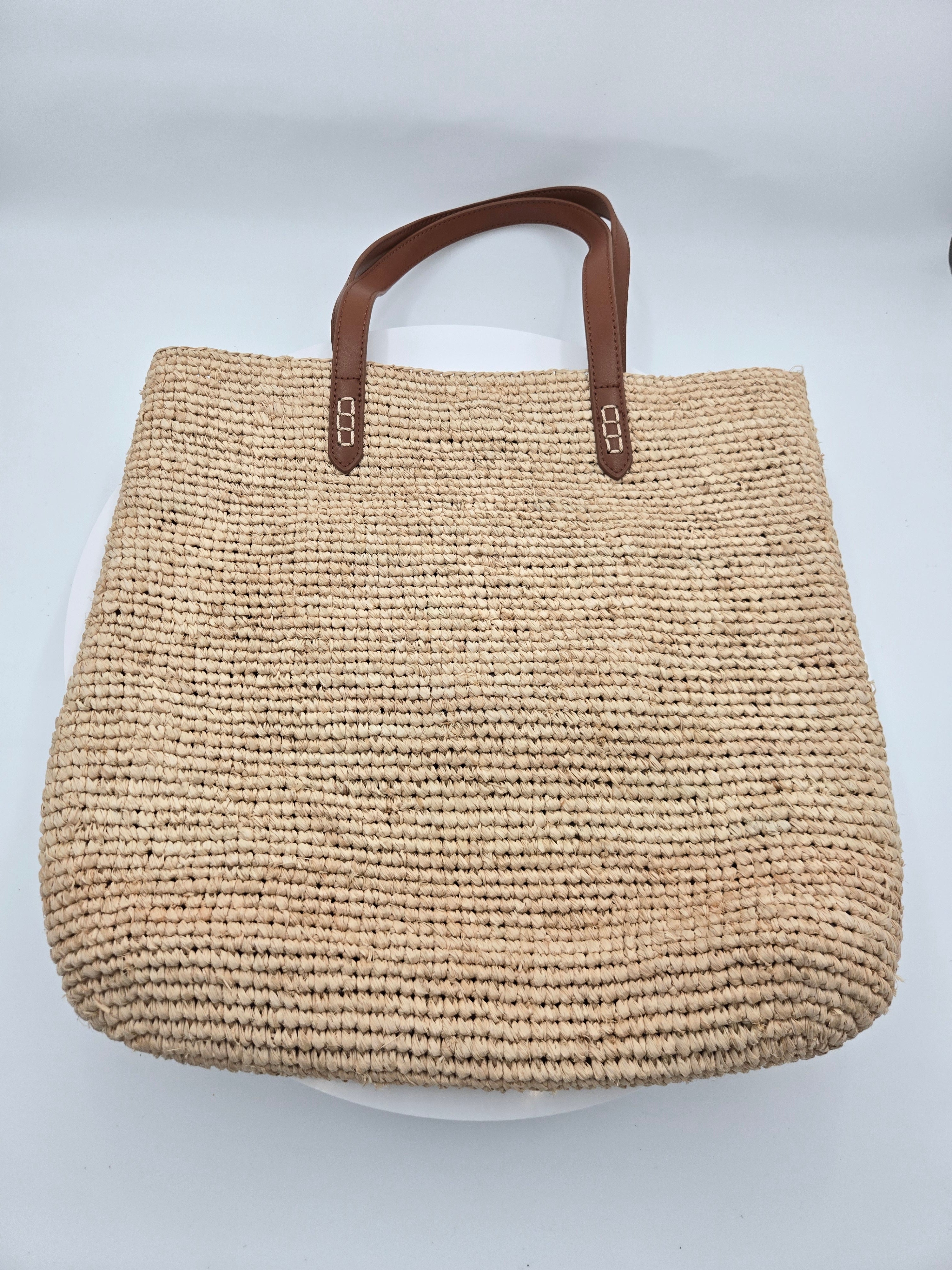 Rachel Zoe Handcrafted 100% Raffia Tote Bag with Genuine Leather Trim | Natural Woven Shoulder Bag
