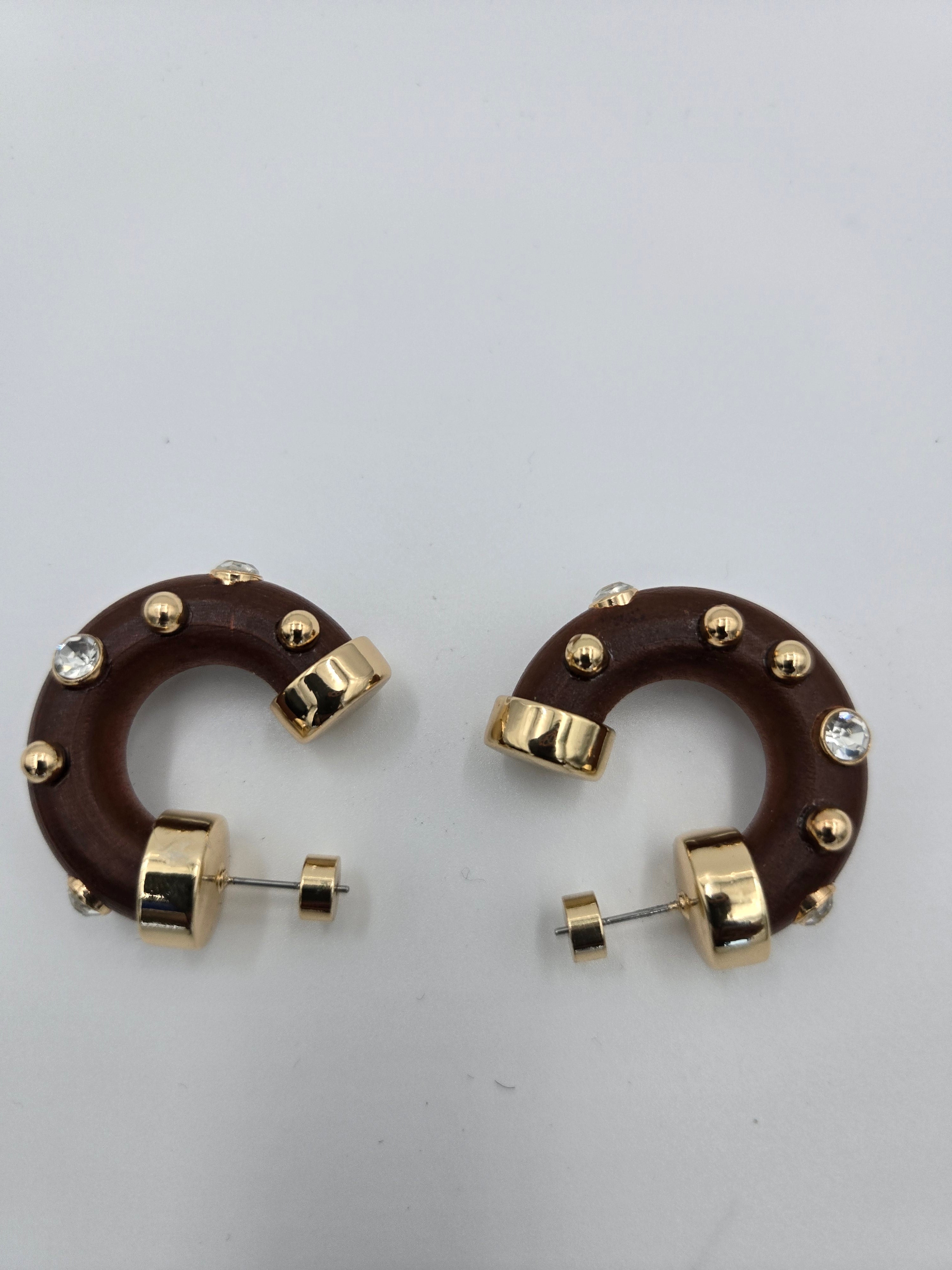 Handcrafted Wood & Crystal Accent Hoop Earrings – Gold-Tone | Set of 2 | Wt. 0.022 kg